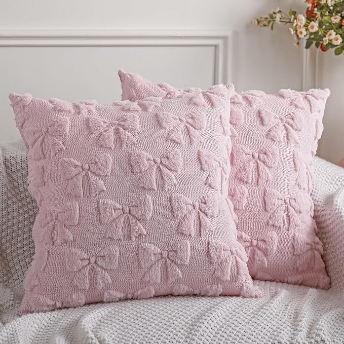 Mixweer Pink Bow Pillow Covers Set of 2 Preppy Room Decor Coquette Cute Spring Summer Decorative Faux Fur Soft Bowknot Stuff Fluffy Plush Aesthetic Pillowcase for Bed Sofa Couch (20 x 20 Inch)