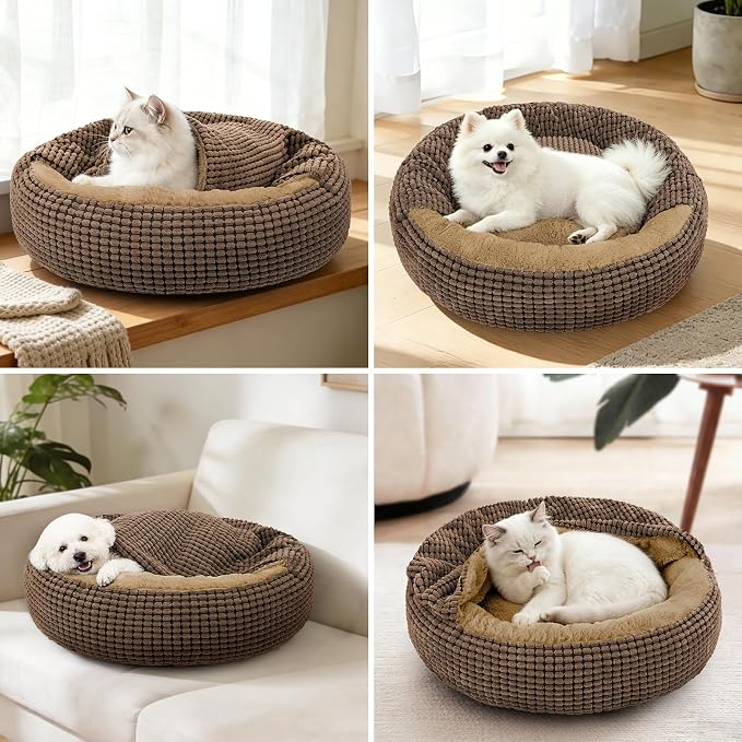 Dog Bed with Attached Blanket for Small Dogs or Cats, Soft Plush Cozy Donut Cuddler Hooded Pet Beds Washable. Round Puppy Bed Orthopedic, Calming Cat Cave Bed. Anti-Slip Bottom 26inch