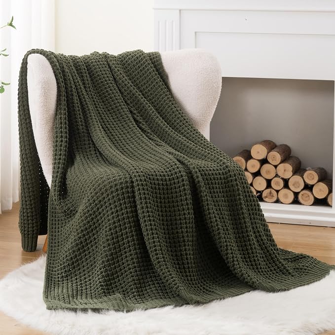 Olive Green Throw Blanket for Couch, Waffle Knit Blanket Throw 60"x80" | Chunky Chenille Throw Blanket, Soft Dark Green Throw Blanket for Home Decor, Sofa, Men, Modern Farmhouse Knitted Style