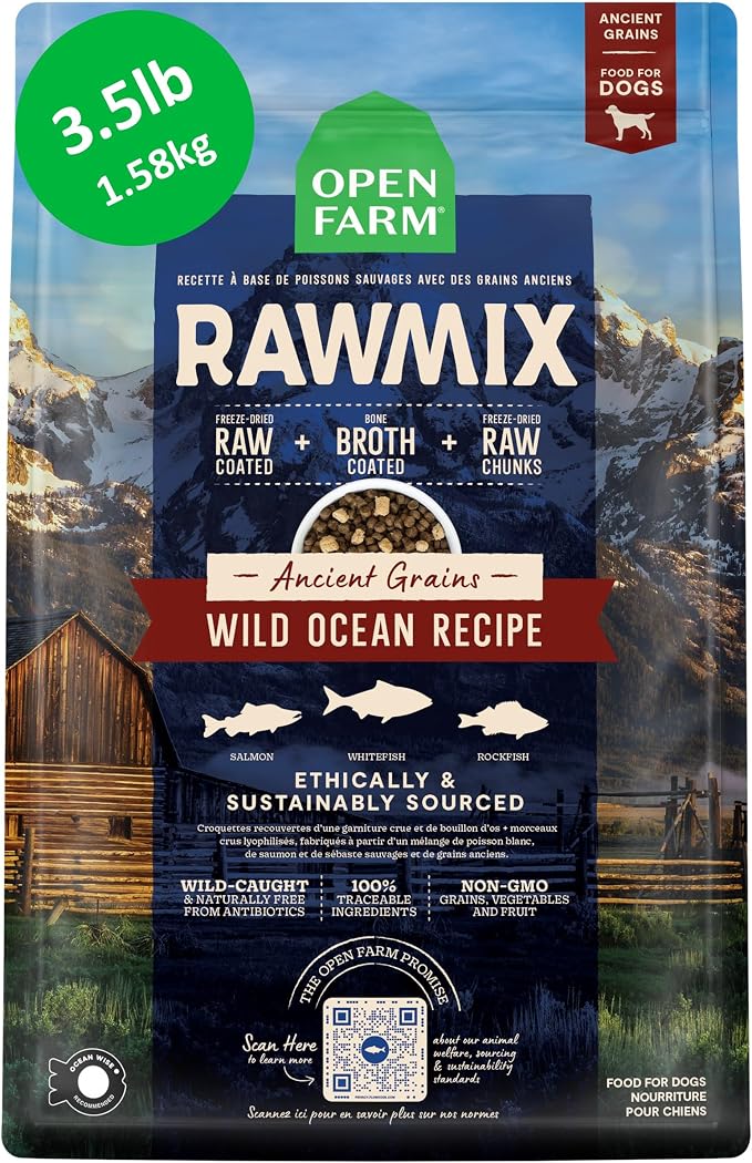 Open Farm RawMix Ancient Grains Dry Dog Food, Wild Ocean Kibble, 3.5lb Bag | Wild-Caught Whitefish, Salmon and Rockfish, Freeze Dried Raw Chunks, 100% Traceable Ingredients, Non-GMO Fruits & Veggies.