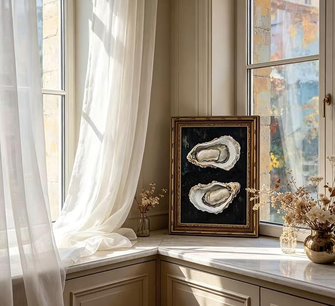 Vintage Gold Framed Oyster Wall Art Dark Moody Seafood Shell Shel Painting Canvas Print Black Background Seafood Still Life Picture Wall Decor Oyster Paintings Poster Artwor for Kitchen Dining