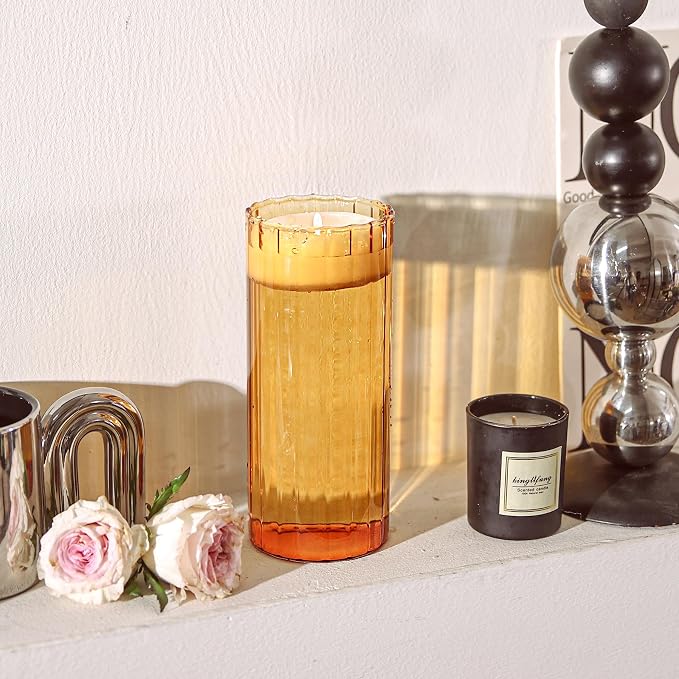 ComSaf Glass Cylinder Vase 8 Inch Tall, Amber Ribbed Decor for Centerpieces | Decorative Flower Vase, Hurricane Floating Candle Holder, Wedding Decor, Reception Table, Home Accent, Housewarming Gift