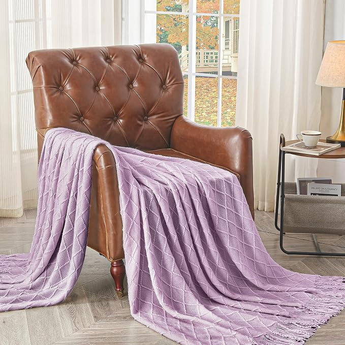 inhand Light Purple Knitted Throw Blanket for Couch and Bed, 50"x60" | Soft Living Room Home Decor Knitted Blanket, Tassel, Outdoor Lightweight Breathable , Farmhouse Warm Woven Decorative