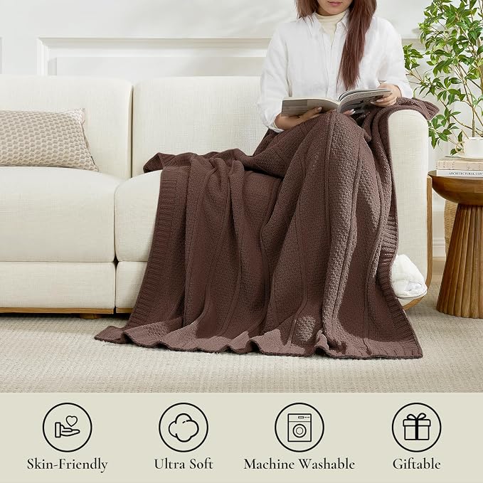 Chenille Throw Blanket for Couch, Soft Cozy Chunky Knit Blanket, Moss Stitch Throw for Sofa, Bed, Living Room, Lightweight Warm Home Decor, Dark Brown 50"x60"