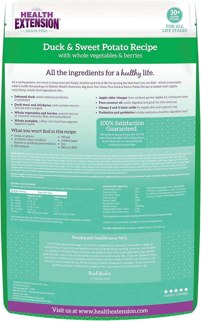 Health Extension Grain Free Duck & Sweet Potato Dry Dog Food - 30+ Superfoods and Probiotics for All Life Stages (10 lb)