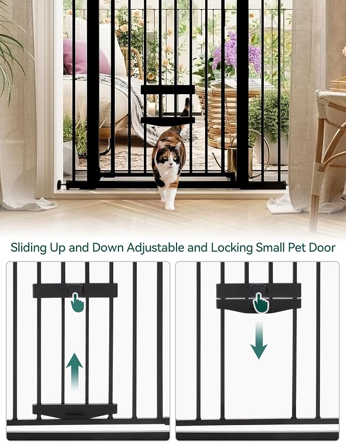 Babelio 36" Tall Baby Gate with Cat Door, CatPrivilege II, 29-48" | Extra Wide Auto-Close Pet Door for Stairs, Doorways & House, 6-Level Adjustable, Wall Cups Included, Black