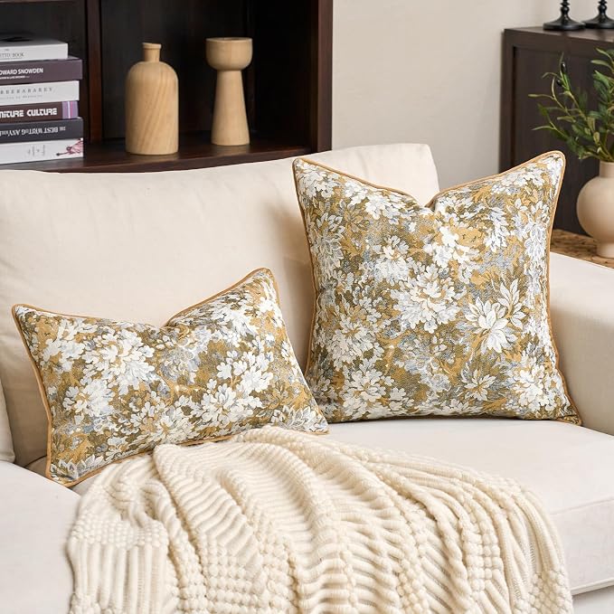 Alerfa Yellow Neutral Floral Pillow Cover 20 x 20 Inch, Vintage Chenille Square Couch Pillow Cover Soft Decorative Farmhouse Accent Pillowcase for Living Room Bedroom