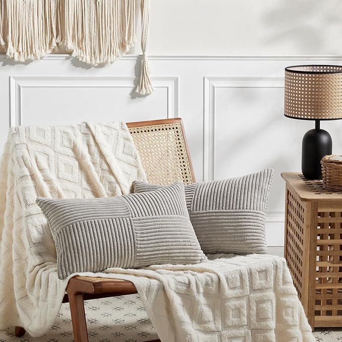 Fancy Homi Neutral Grey Lumbar Decorative Throw Pillow Covers 20x28 Inch for Living Room Couch Bed Sofa, Farmhouse Home Decor, Soft Striped Corduroy Rectangle Accent Cushion Case 50x70 cm