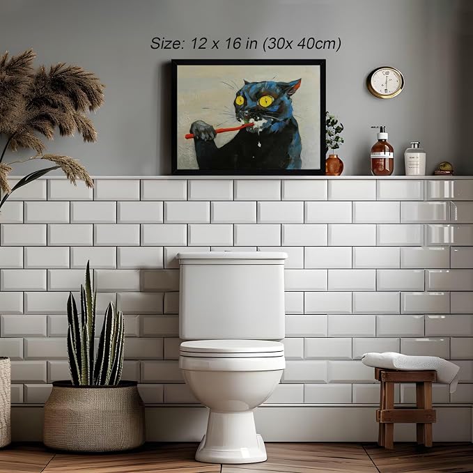 ICHZUMW Framed Funny Black Cat Bathroom Decor Canvas Wall Art, 12x16 Inches | Quirky Black Cat Brushing Teeth Painting, Humorous Bathroom Wall Decor, Restroom Powder Room, Fade Resistant, Ready to Hang