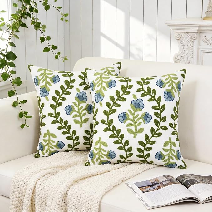 Alysheer Floral Embroidered Summer Decorative Throw Pillow Covers 20"x 20" Set of 2, Farmhouse Cottage Blue Flowers Green Leaves Knit Pattern Cotton Canvas Cushion Case for Couch Bed Living Room