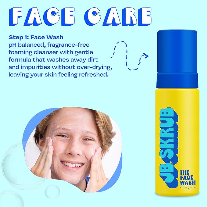 JB SKRUB Boys Acne Skincare Kit for Teens‚ Complete 4-Step Routine: Face Wash, Lotion, Cleansing Pads & Pimple Patches‚ Starter Set