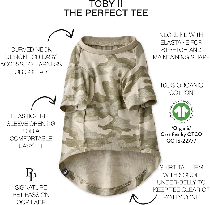 Pet Passion Toby II Dog T-Shirt, 3 Pack, Sage Camo, XX-Small | GOTS-certified organic cotton short-sleeve tee. Breathable, soft & sustainable for everyday wear.