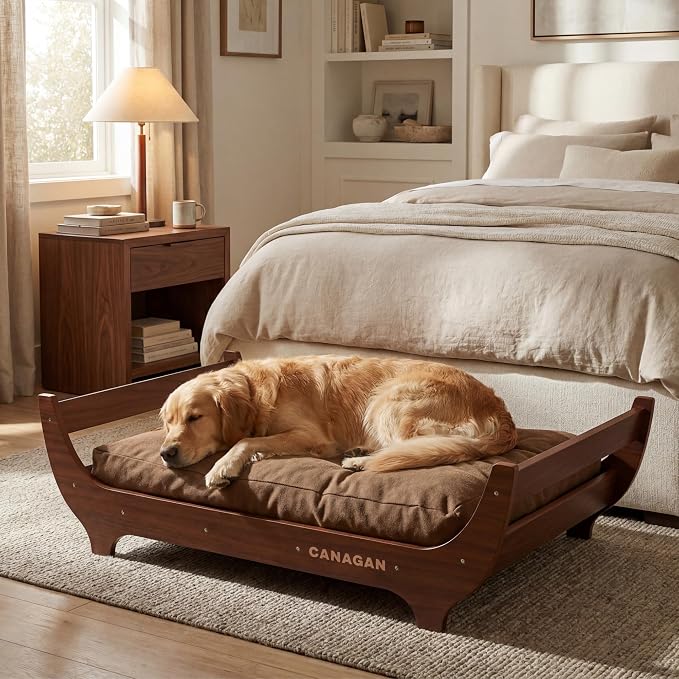 CANAGAN Elevated Wood Dog Bed Frame with Cushion, WalnutPattern, Large | Raised Dog Couch Bed with Washable Cover and Plush PP-Filled Cushion, Furniture-Style for Indoor Living