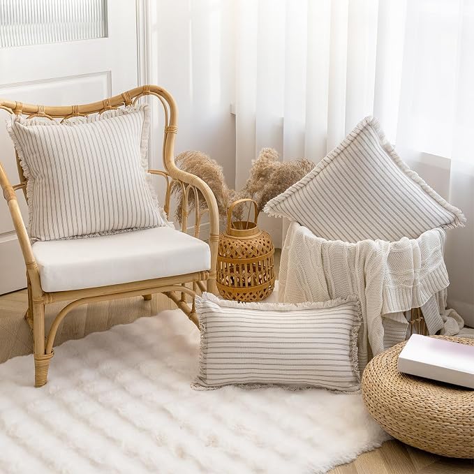 YEENAASY Throw Pillow Covers 20x20 Boho Striped Pillow Cases with Tassel | Set of 2 Fringe Pillow Cover Farmhouse Cushion Covers Neutral Pillows Decorative Square Pillowcase for Couch Sofa Bed, Khaki