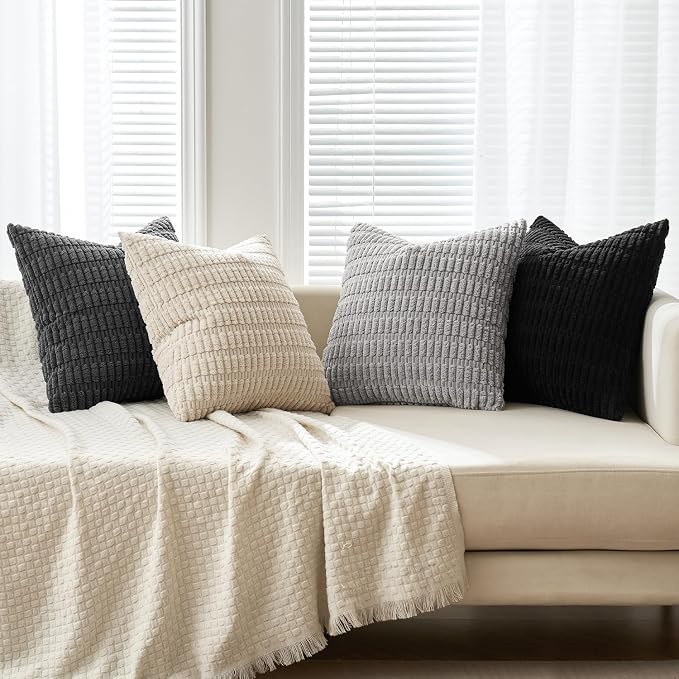 MIULEE Pack of 4 Corduroy Throw Pillow Covers 18x18 Inch Black and White | Neutral Rustic Farmhouse Boho Soft Striped Pillow Covers,Home Decor for Sofa,Living Room,Couch,Bed