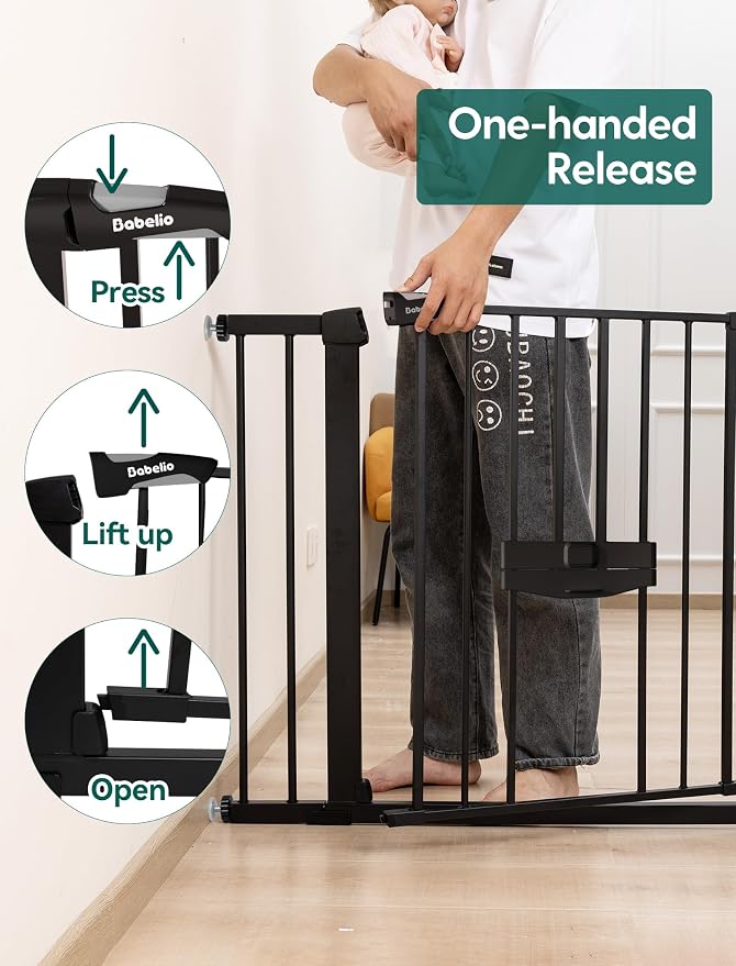 Babelio Baby Gate with Cat Door, CatPrivilege II, 29-40" | Auto Close, 6-Level Adjustable Metal Gate with Pet Door for Stairs & Doorways, Pressure Mounted, No Drilling, Black