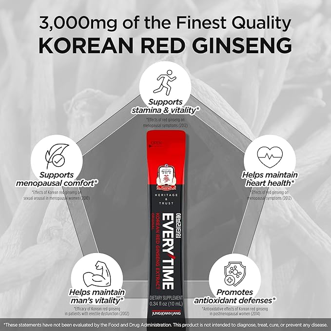 JungKwanJang Everytime Korean Red Ginseng Extract Stick 3,000mg Original - Adaptogen Energy Drink Liquid Stick Supplements - Energy Boost & Immune Support, Caffeine Free (30 Sticks)