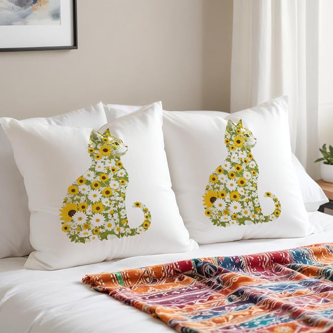 Daisy Floral Cat Pillow Covers 18x18, Gifts for Cat Lovers Mom Lady Owners, Elegant Kitten Kitty Decorative Pillow Covers for Home Bedroom Living Room Decor, Pet Lover Gifts