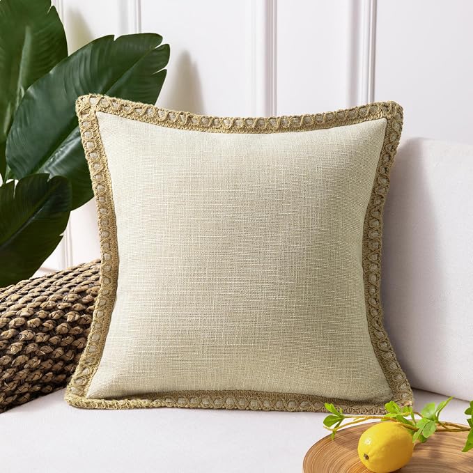 Phantoscope Farmhouse Solid Throw Decorative Pillow Cover Burlap Linen Trimmed Tailored Edges Outdoor Pillow Oatmeal 1 Pack 20 x 20 inches, 50 x 50 cm