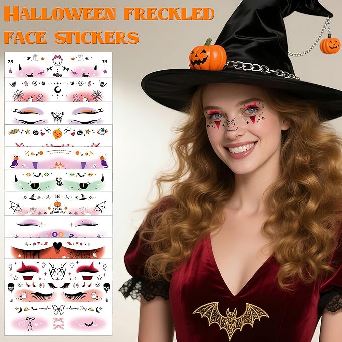 12 Sheet Halloween Face Temporary Tattoos For Kids And Women Adult, Waterproof Makeup Speckle Spider web Pumpkin Bat Ghost Facetattoo Stickers Halloween Party Decorations