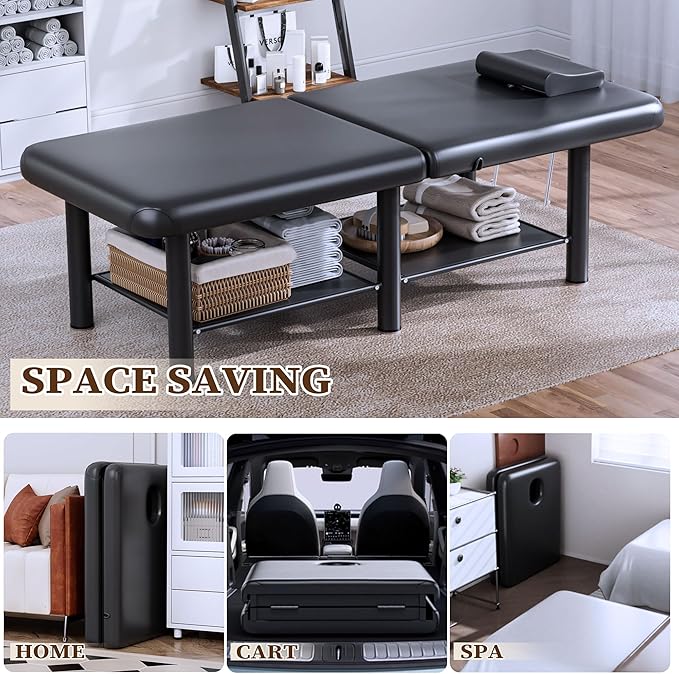 Olela Wide Foldable Massage Table - Professional Massage Table with Adjuatable Backrest & Large Storage Space, Treatment Tables with Metal Frame and Pu Leather for Spa, Beauty, Rehabilitation