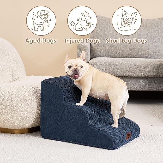 EHEYCIGA Curved Dog Stairs Ramp, 3-Step Dog Steps, 15.7" H Pet Step | 33D density of pure foam, for Small Dogs and Cats, Pet Stairs for High Bed Climbing, Non-Slip Balanced Indoor, Navy
