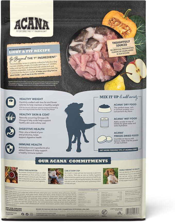 ACANA Grain Free Dry Dog Food Light & Fit Recipe 13lb Bag | Weight Management, High Protein, Made in the USA, Global Quality Ingredients