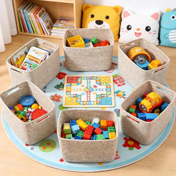 6 Pack Woven Rope Baskets, 12.6"×9"×7.8" Storage Bins, Brown | Storage Boxes for Toys, Books, Towels, Clothes, Shelf Baskets Organizer,Empty Gift Baskets for Living Room, Bathroom, Bedroom