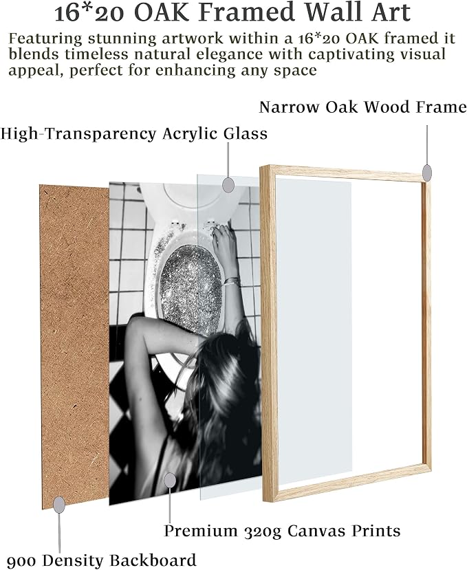 EcoHest 16x20 in After the Disco Party Framed Wall Art for Bathroom | Solid Oak Wood Frame, Canvas Wall Art, Black & White Funny Wall Decor for Bathroom, Bedroom, Dorm Room, College Room, 1Pack