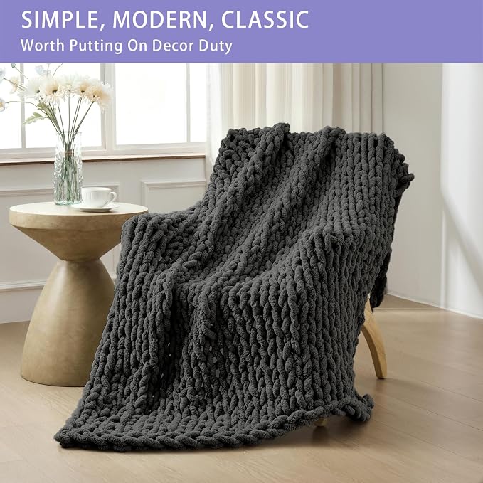 Bigacogo Chunky Knit Throw Blanket for Couch, 40x80 inches, Dark Grey | Hand Knit with Jumbo Chenille, Soft Breathable Cable Knit for Sofa Bed Living Room, Machine Washable, Gift for Mom Friend