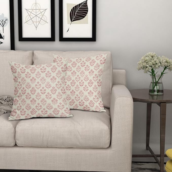 Pink Floral Block Print Pillow Covers 20x20 Inch Set of 2, Vintage Flower Decorative Throw Pillowcases for Home, Bedroom, Living Room, Porch, Office