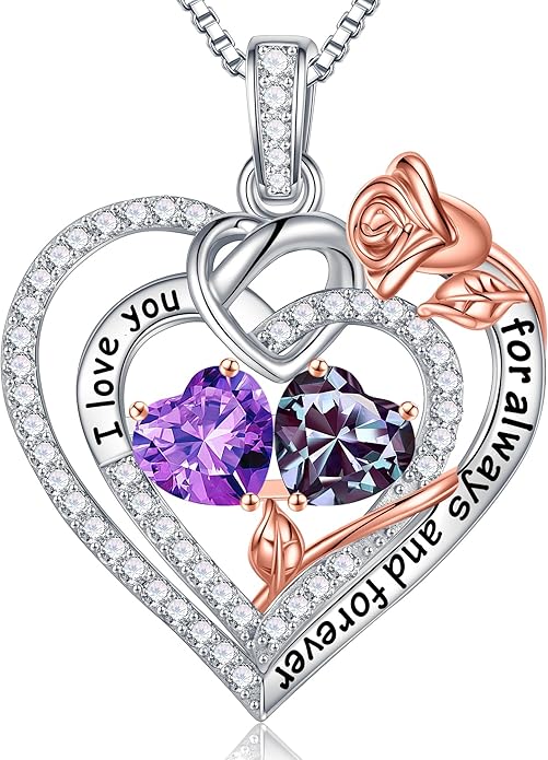 Iefil Valentines Day Gifts for Her Wife - 925 Sterling Silver Double Birthstone Necklace, Anniversary Birthday Gifts for Women, Jewelry Gift for Wife Girlfriend Mom Her