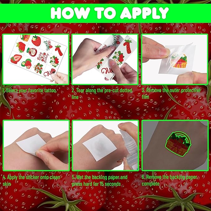 96 PCS Strawberry Berry Pre-Cut Luminous Glow in The Dark Temporary Tattoos for Kids | Super Cute 1st Themed Birthday Party Favors, Supplies, Decorations, Fake Tattoo Stickers Gifts for Boys Girls