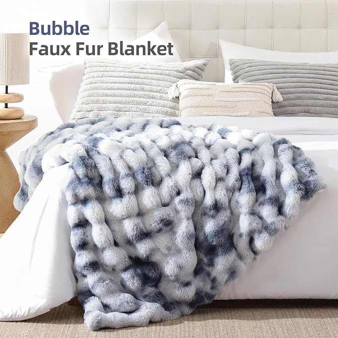 Faux Fur Throw for Couch - Tie-dye Blue Bubble Blanket 50"x60" | Fluffy Plush Fuzzy Throw for Sofa & Bed, Super Soft Cozy Comfrt Blanket, Luxury Aesthetic Blue Decor Gift for Women