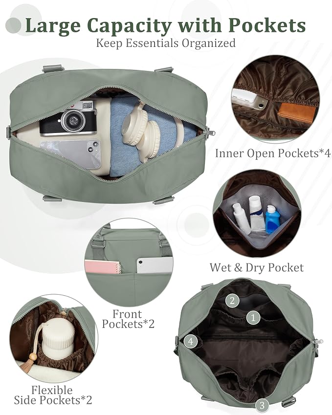 Gym Bag for Women,Travel Duffle Bag for Travel with Wet Pocket Weekender Overnight Carry On Tote Bag Luggage Bag with Trolley Sleeve Personal Item Travel Bag Hospital Diaper Bag Green