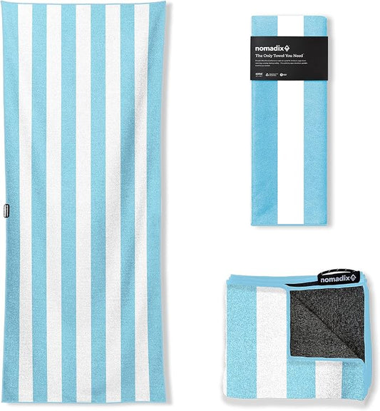 Nomadix Original Towel - Perfect for Beach, Pool, Travel, Camping, Yoga - Made with Recycled Materials - Super Absorbent - Sand Resistant - Cabana Stripe Sky Blue - 72.5x30