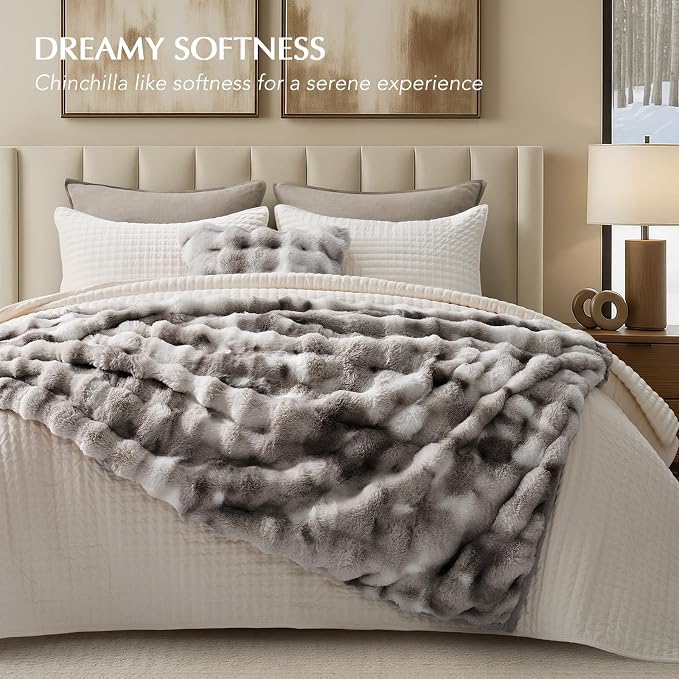Faux Rabbit Fur Bubble Throw Blanket, 50"x60", Light Grey | Ultra Soft, Luxury Faux Rabbit Fur Throw, Thick Warm Bubble Blanket, Cozy Fluffy Reversible, for Bed, Couch, Chair, Sofa