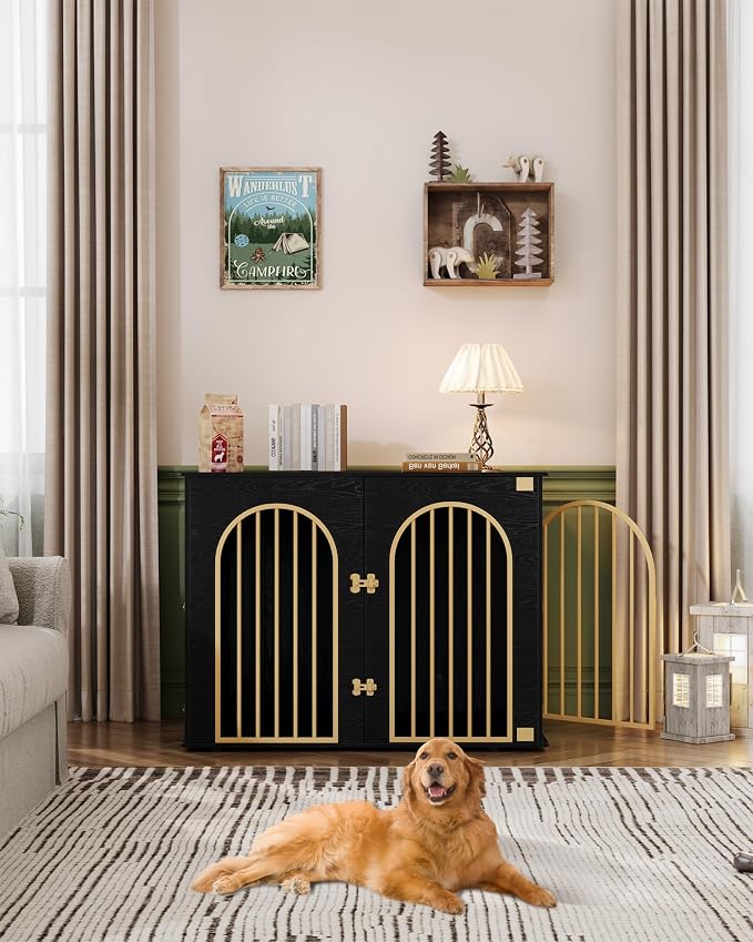Hzuaneri 44.1'' Dog Crate Furniture,Dog Kennel Indoor for Medium/Large Dogs | Dog Kennel Furniture Wooden Dog Cage Heavy Duty Dog Crate Decorative Pet House End Side Table TV Stand,Black Gold DFC83904A