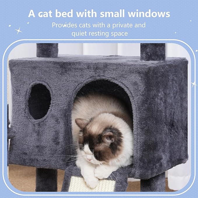 Hey-brother Cat Tree Tower with Removable Toys, Scratching Posts, MPJ008SG | 41.3 Inches Plush Cozy Condo with Platform, Hammock, Sisal Scratch Board and Ball for Indoor Cats, Smoky Gray