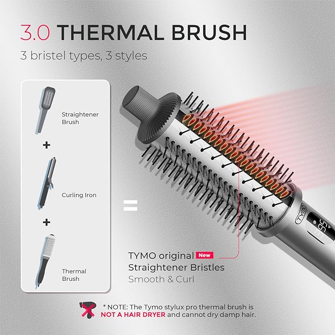TYMO STYLUX PRO Thermal Brush Curling Brush, 1.5 Inch Blowout Heated Round Volumizer, Hair Straightener and Curler 2 in 1, 800M Negative Ion for Smoother, LCD Display, 5 Temp, Dual Voltage, Gray