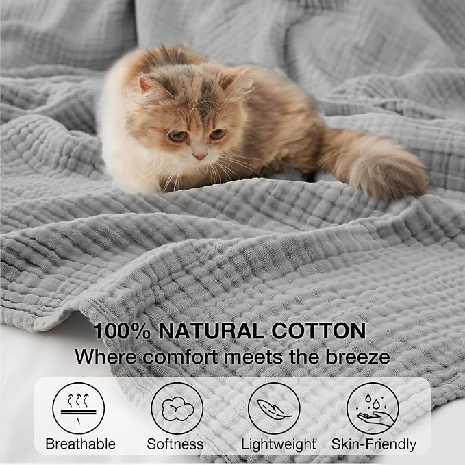 100% Cotton Muslin Blanket King 108" x 90", Breathable and Lightweight Cotton Throw Blankets for Bed, Soft Cooling Summer Gauze Blanket for Adults All Season, Light Grey
