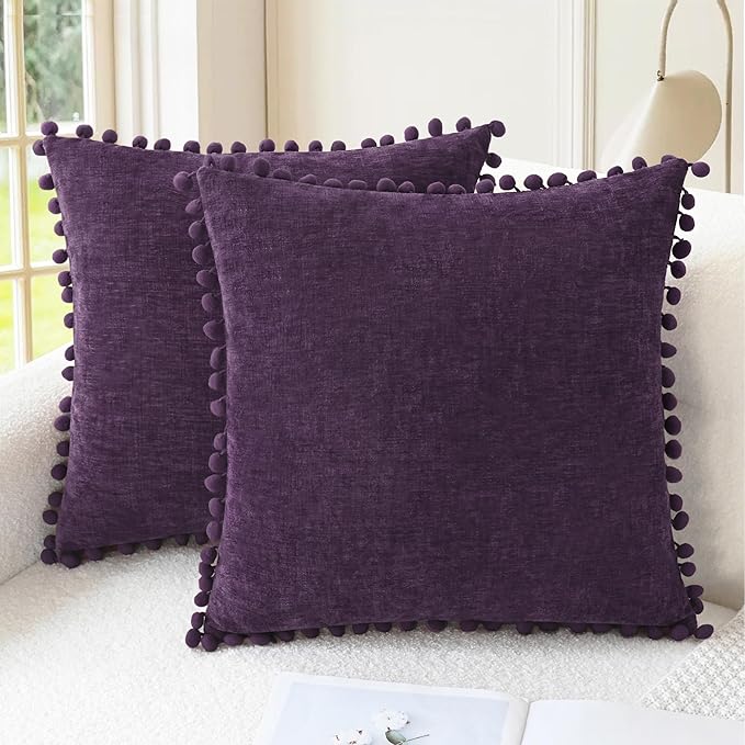 CaliTime Decorative Couch Throw Pillow Covers 16 X 16 Inches Plum Purple | Pack of 2, Cozy Chenille Cushion Cases, with Pom Poms for Sofa Bed Living Room Farmhouse Home