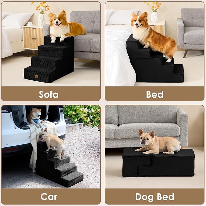 EHEYCIGA Dog Stairs for Bed 18" H, Dog 4-Steps for High Bed, Black | Pet Steps for Small Dogs and Cats, Non-Slip Balanced Pet Ramp Indoor