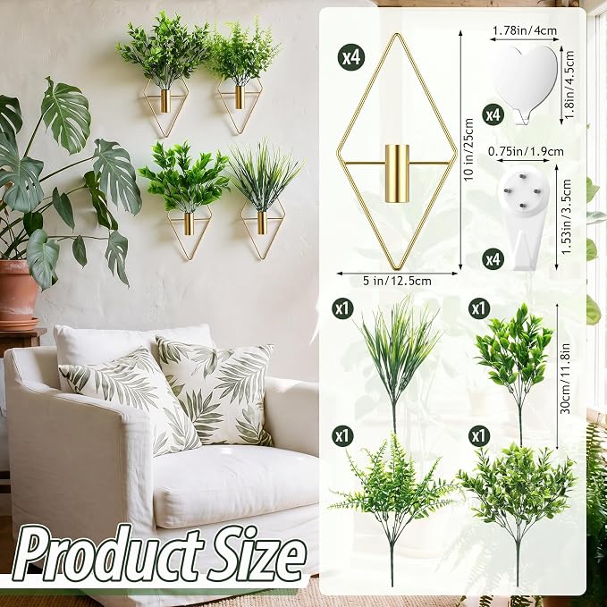 Hanaive 4 Sets Boho Wall Decor Metal Wall Art Hanging Planters with Artificial Pampas Display Modern Home Vase for Bedroom Home Office(Brisk,Green)