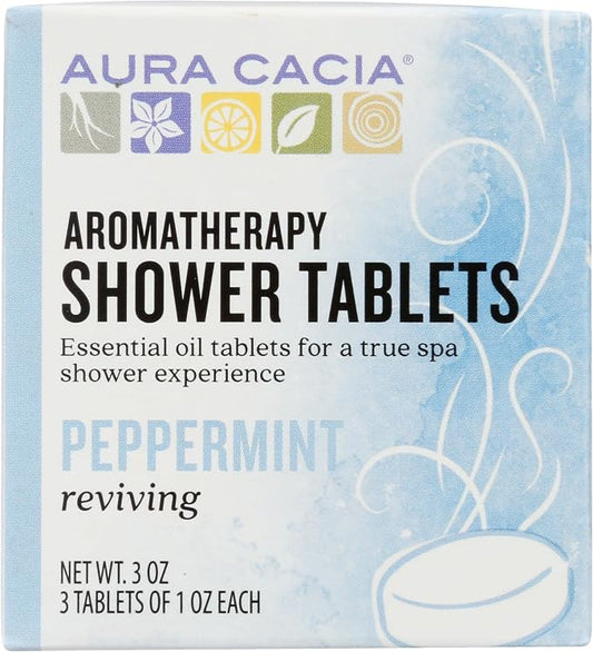 Aura Cacia Peppermint Shower Tablets - Reviving Aromatherapy Steamers with Pure Essential Oils - Energizing Morning Shower Experience | 3 Ounce (Pack of 3)