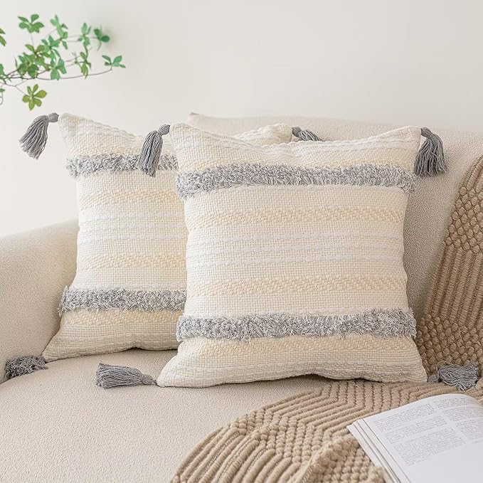 BUIOVBEY Boho Throw Pillow Covers Woven Tufted Pillow Cases with Tassels | Farmhouse Pillow Covers 20x20 Set of 2 Textured Striped Cushion Case Neutral Decorative Pillowcase for Sofa Couch Light Grey