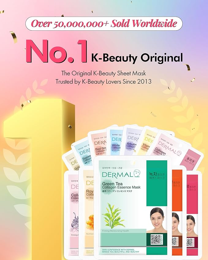 DERMAL Collagen Essence Sheet Mask 16 Combo Pack - 16 Days Daily Skin Therapy for Glow - Aloe, Snail, Vitamin Variety Gift Set - K-Beauty