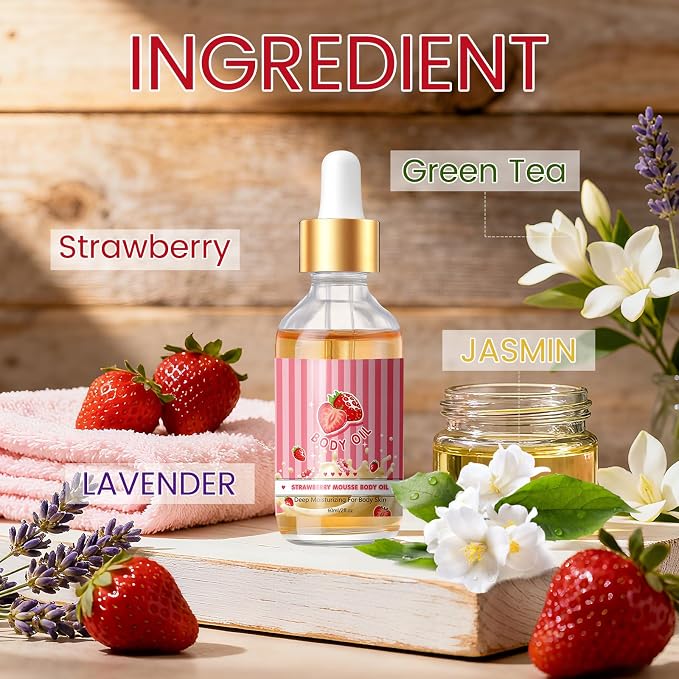 Strawberry Body Oil for Women Men,Moisturizing Strawberry Oil Skincare for Face Body,Hydrating,Nourishing,Soft,for All Skin Type(60ml)