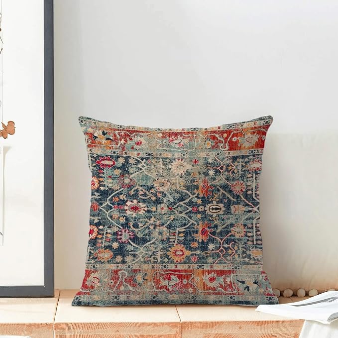 Boho Pillow Covers 22x22 Inch Set of 2,Navy Blue Burnt Orange Ethnic Design Throw Pillows Case,Carpet Pattern Outdoor Decorative Square Linen Farmhouse Decor Cushion Covers for Home Sofa Bed Couch