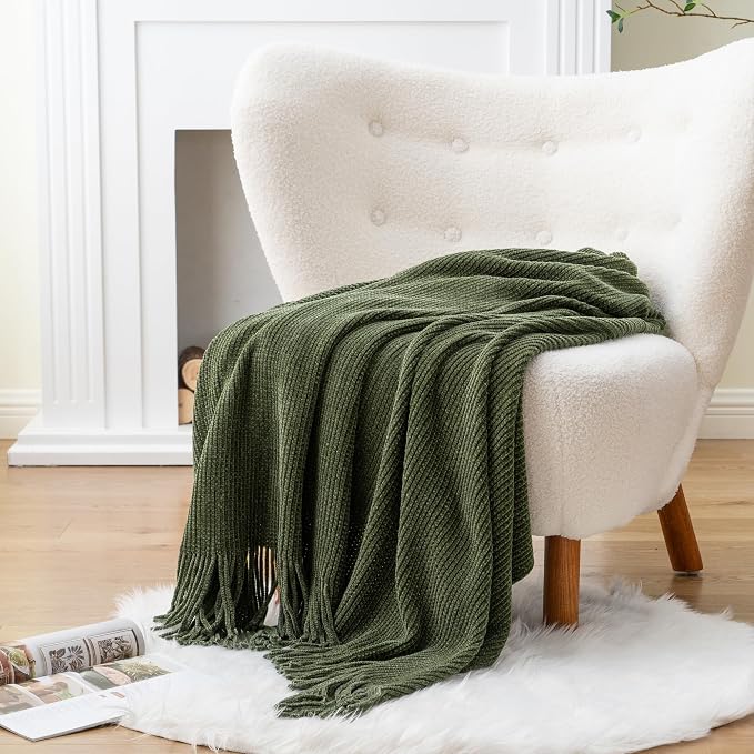 BATTILO HOME Olive Green Throw Blanket for Couch, 60"x80" | Soft Chenille Knit Throws with Tassels for Home Decor, Dark Green Blankets and Throws for Bed Couch Cover